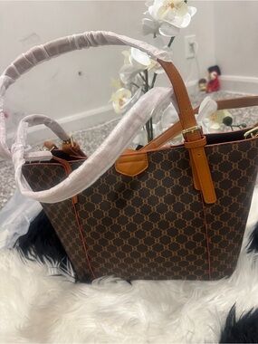 Brown Monogram Tote Bag with Tan Trim